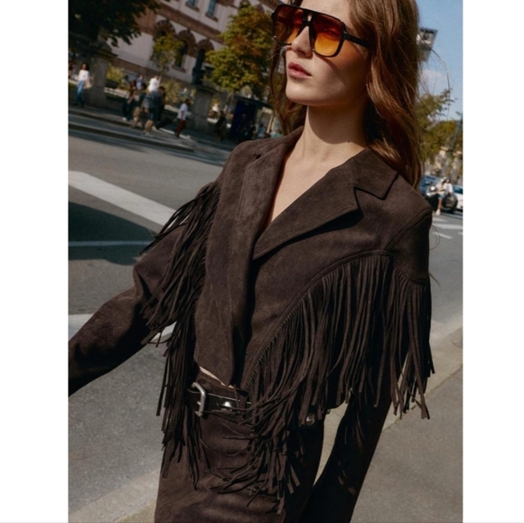 ZARA Fringe Faux Suede Jacket Brown Size Small S NEW - Picture 8 of 16